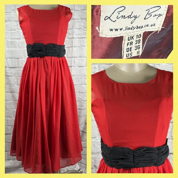 Lindy Bop Audrey Retro Dress Women's UK 10 US Small Sleeveless Over-The-Knee Red - Picture 1 of 11